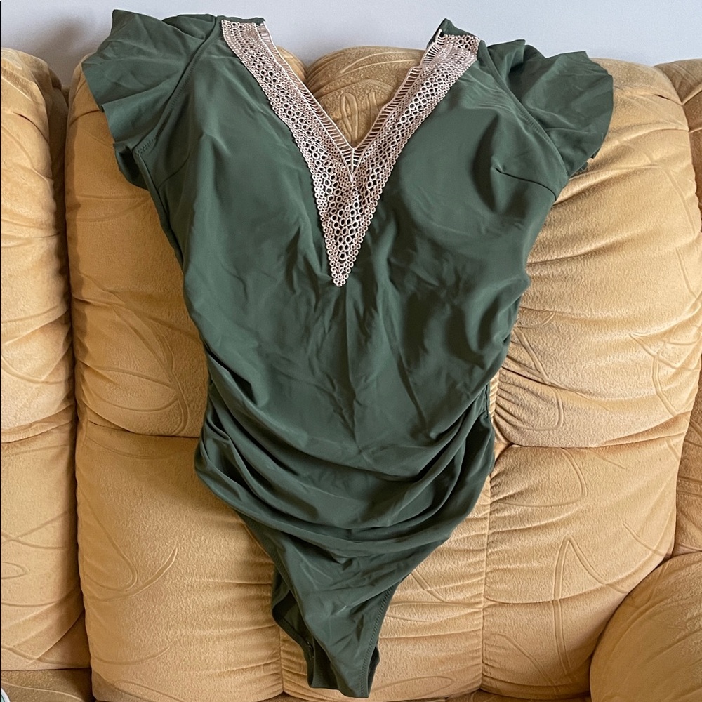 Green Bodysuit with Lace Trim